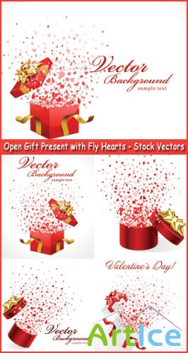 Open Gift Present with Fly Hearts - Stock Vectors