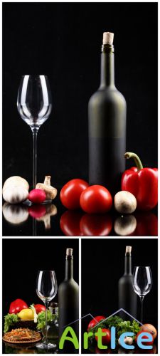 Wine & Vegetables - Wine, wine glass, bottle, vegetables