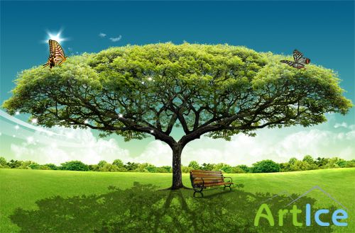 Landscape trees, grass umbrella mood PSD layered material