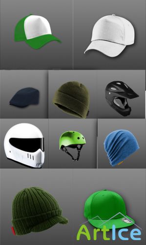 Skate helmet, racing helmet and baseball cap psd