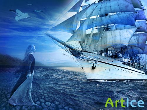 Psd for Photoshop -A ship in the blue sea