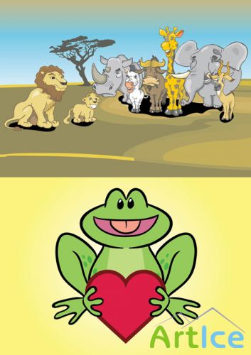 Vector Frog Character and African Animals Cartoon for Photoshop