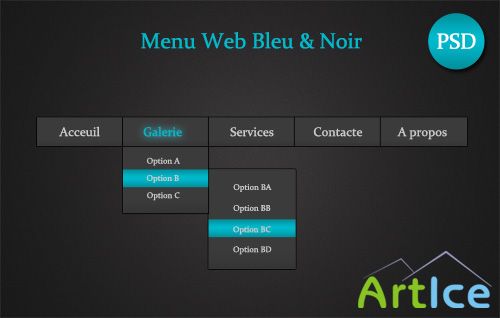 Black & Blue Web Menu in PSD File