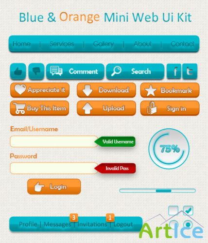 PSD Web Design - Blue & Orange Mini Web UI Kit