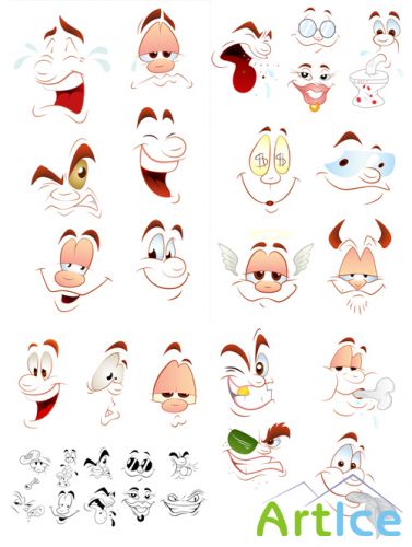 Funny Cartoon Faces Vector Set