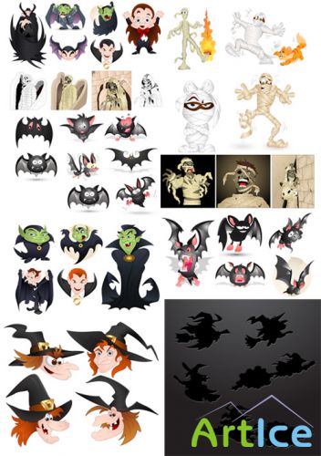 Halloween Vector Set - Dracula, Witches, Bats and Mummy