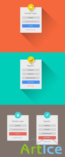 Flat Long Shadow Login & Register UI PSD Template