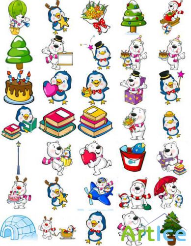 White Teddy Bear and Penguin PNG Files