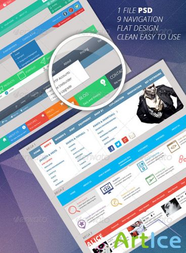 GraphicRiver - 9 Flat Multi And Mega Navigation Bars In PSD 6212195