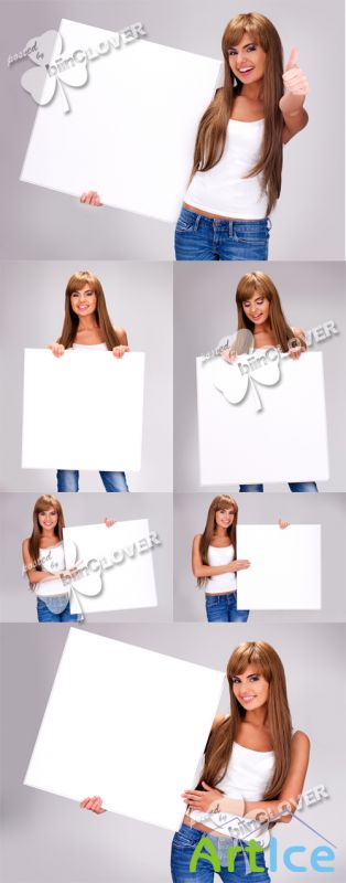 Smiling woman with white blank banners 0564