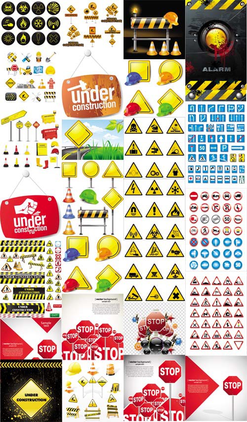 Road and Warning Sings Vector Set