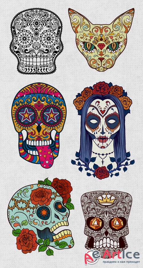 6 Sugar Skulls Vector Elements