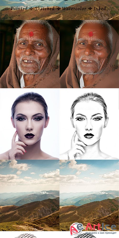 4 Artistic Paint, Sketch & Ink Photo Effect Actions