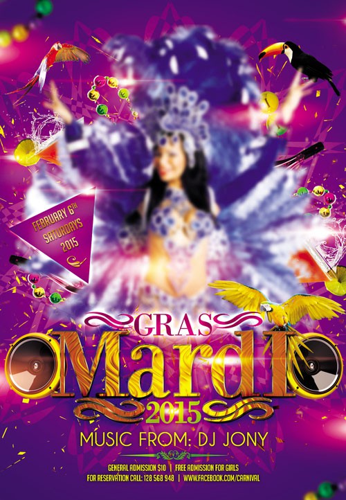 Club Flyer PSD Template - Mardi Gras 2015