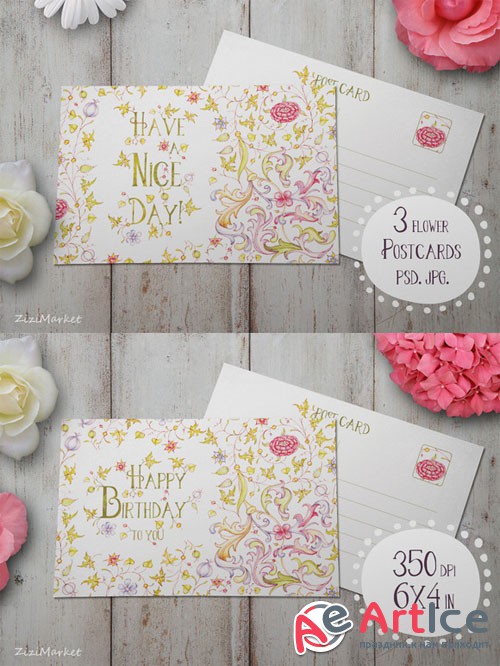 3 Flower Postcard - Creativemarket 166675