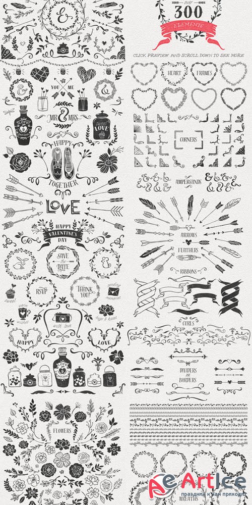 Hand Drawn Romantic Decoration Pack - Creativemarket 167958