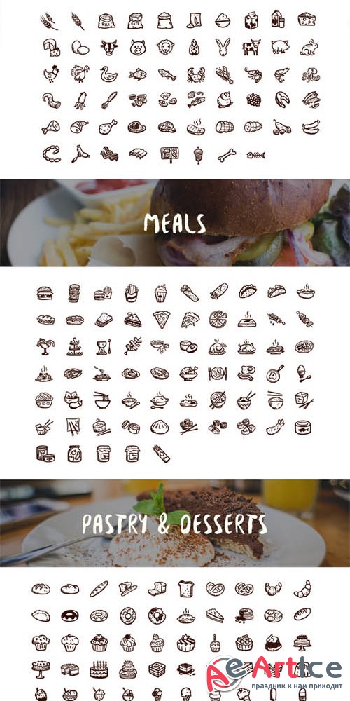 500 hand-drawn food icons - Creativemarket 170392