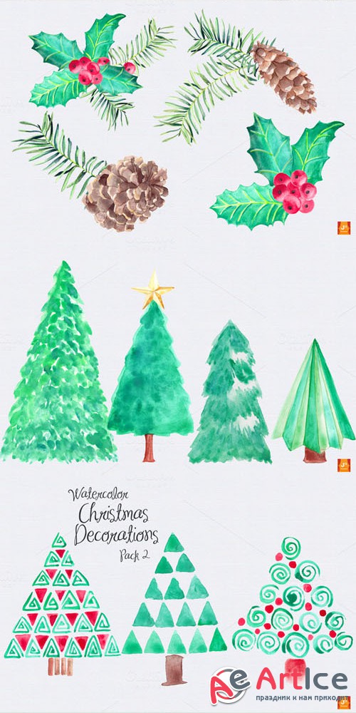 Watercolor Xmas Greenery Clip Arts - Creativemarket 76771