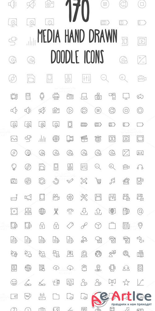 170 Media Hand Drawn Doodle Icons - Creativemarket 160805