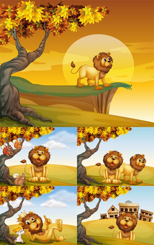 Vector Set - 5 Beautiful Lion Illustrations