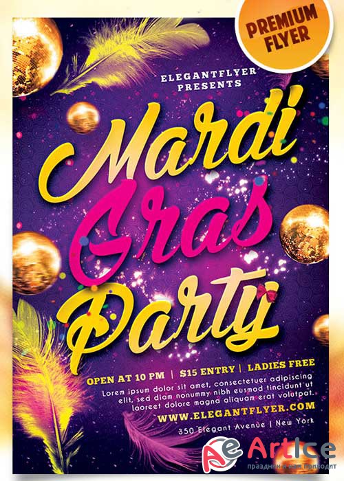 Mardi Gras Party Flyer PSD Template + Facebook Cover