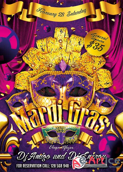 Mardi Gras Flyer V2 PSD Template + Facebook Cover