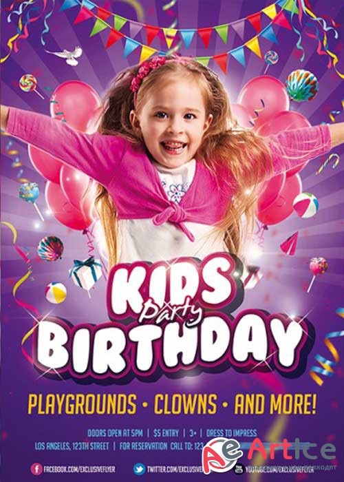 Kids Birthday Party Invitation Premium Flyer Template + Facebook Cover