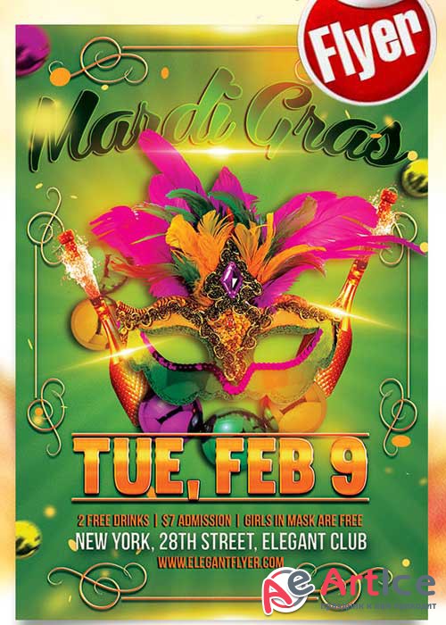 Mardi Gras Festival Flyer PSD Template + Facebook Cover