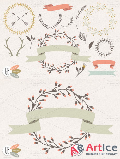 Wreaths laurels ribbons folk flowers - Creativemarket 17955