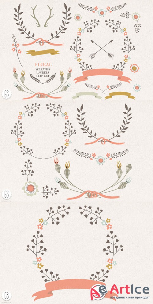 Floral wreaths laurels ribbons c73 - Creativemarket 28486