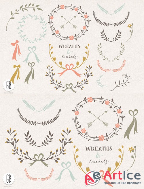 Wreaths laurels ribbons folk flowers - Creativemarket 24553