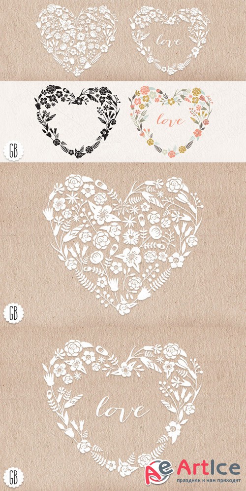 Floral heart wreaths papel picado - Creativemarket 23275