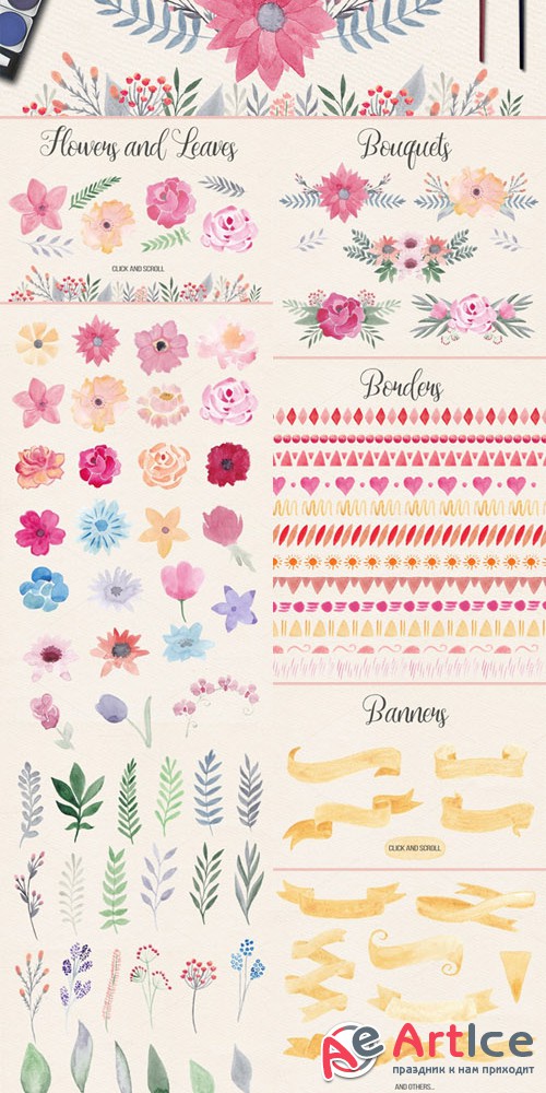 Watercolor Design Kit. Pink & Orange - Creativemarket 521255