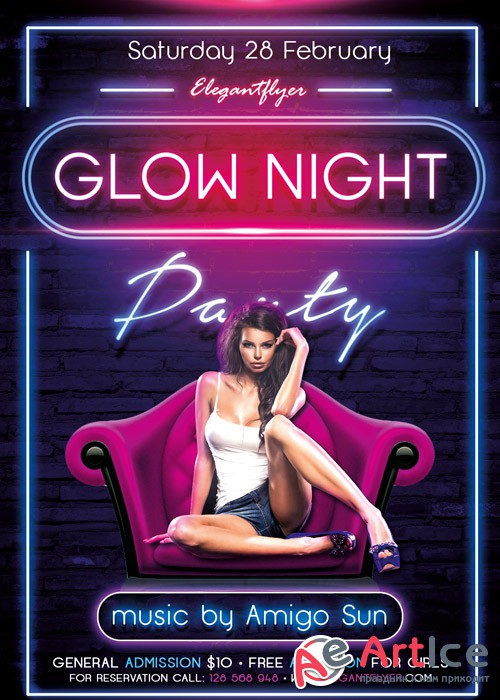 Glow Night Party Flyer PSD Template + Facebook Cover