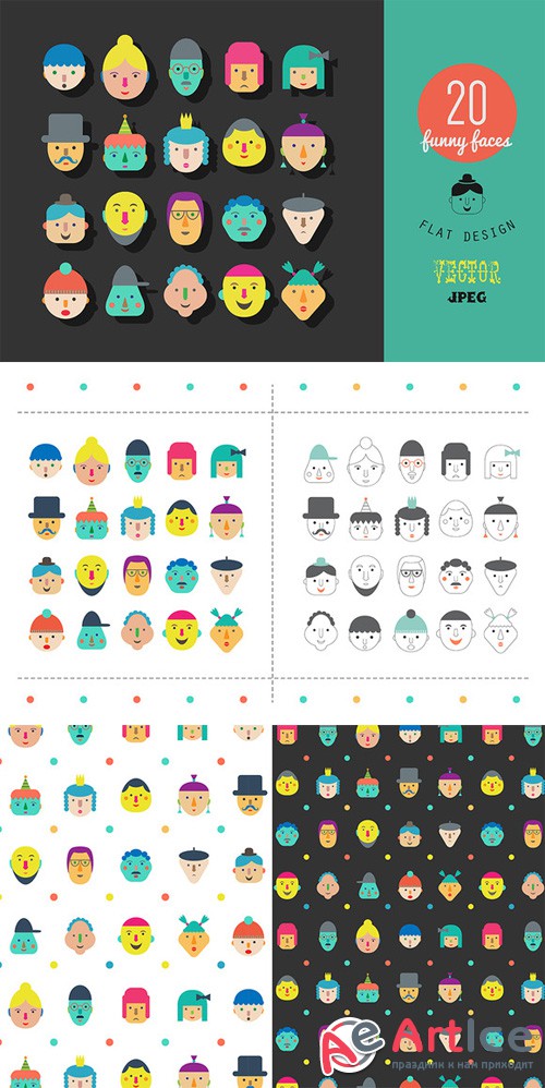 20 faces. Flat gesign. - Creativemarket 56630