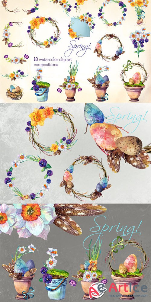 Spring!- 18 watercolors clip arts - Creativemarket 556748