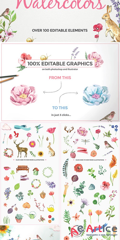 100+ Editable Watercolor Elements - Creativemarket 197973