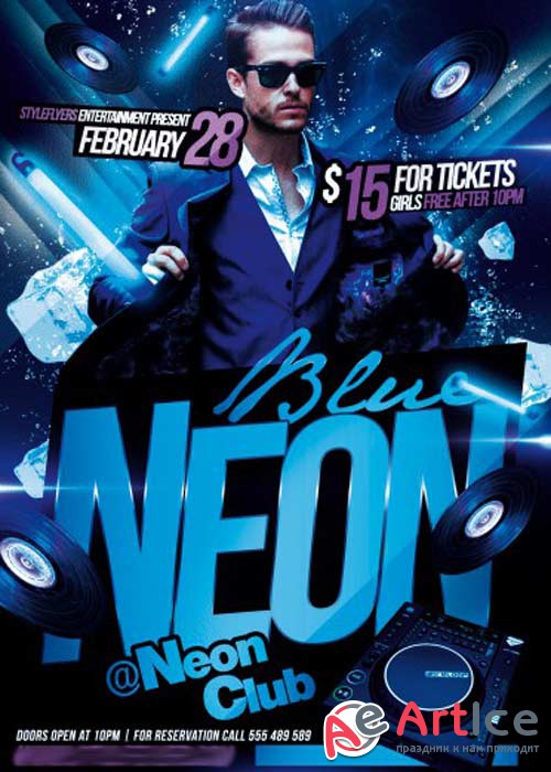 Blue Neon V2 Party Flyer PSD Template + Facebook Cover