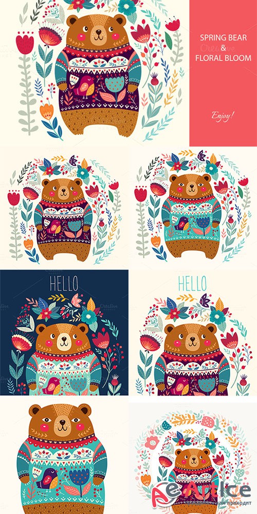 Spring bear and floral bloom - Creativemarket 613738