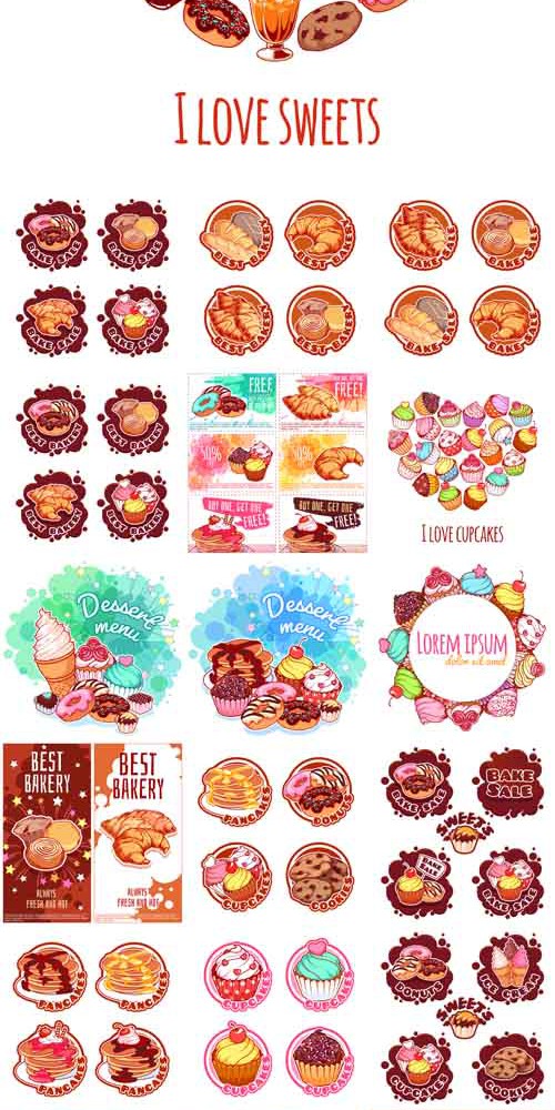 Vector Banners Cards Stickers with Different Bakery Products