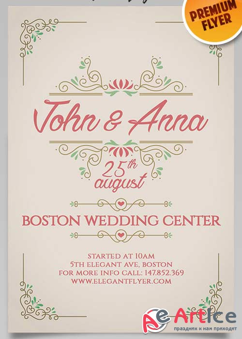 Vintage Wedding Invitation Flyer PSD Template + Facebook Cover