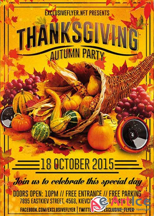 Thanksgiving Autumn Party PSD V1 Premium Flyer Template + Facebook Cover