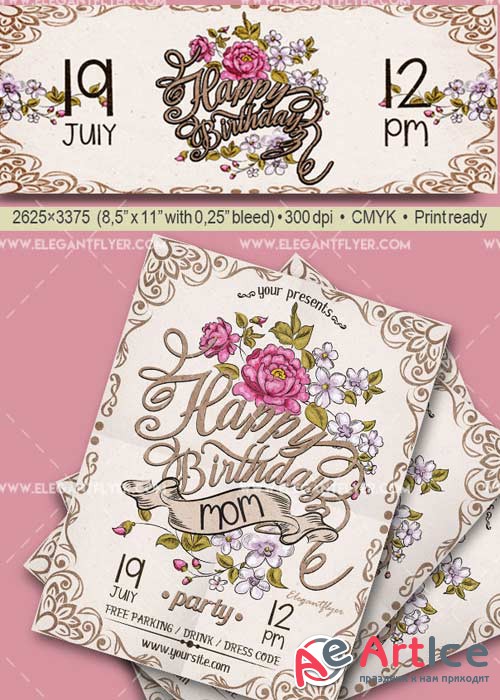 Happy Birthday Mom V25 Flyer PSD Template + Facebook Cover