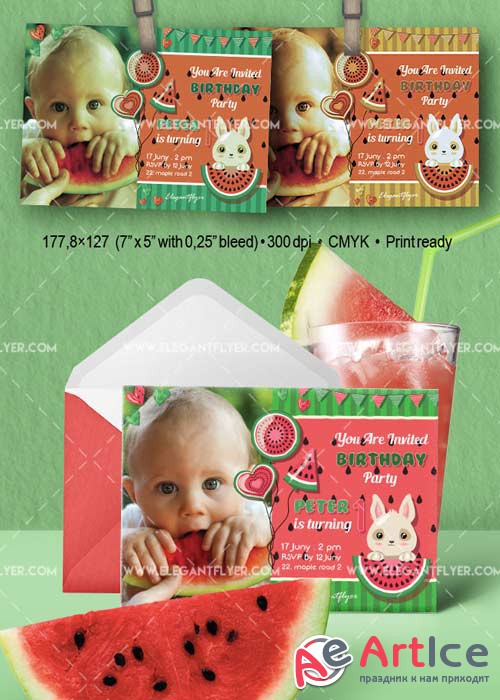 Watermelon Birthday Party V1 Invitation PSD Template