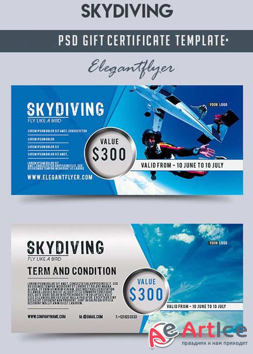 Skydiving v1 Gift Certificate PSD Template