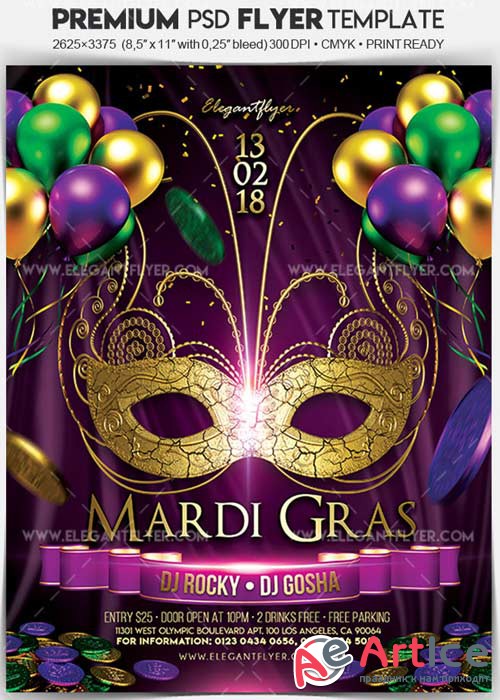 Mardi Gras 2018 V7 Flyer PSD Template + Facebook Cover