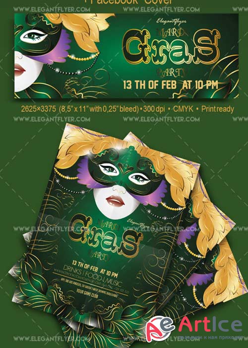 Mardi Gras V17 2018 Flyer PSD Template + Facebook Cover