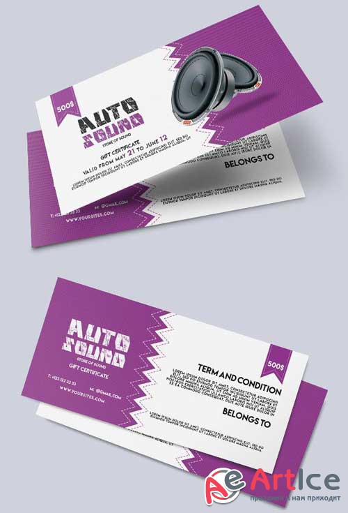 Auto Sound V1 2018 Premium Gift Certificate PSD Template