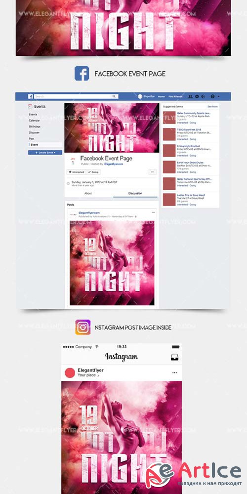 Hot Dj Night V1 2018 Facebook Event + Instagram template + Youtube Channel Banner