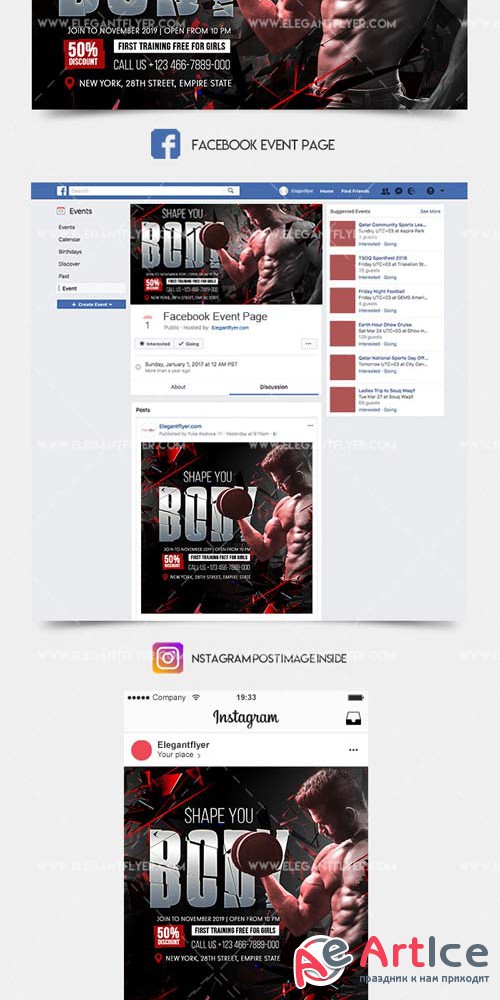 Gym Fitness V1 2019 Facebook Event + Instagram template + Youtube Channel Banner